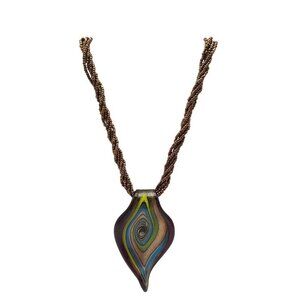 Handcrafted Murano Glass Pendant Necklace With Multicolor Swirl Brown Cord